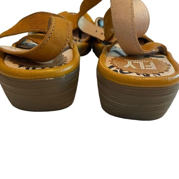 Fly London Mustard Yellow Wedge Sandals Peep Toe Ankle Wrap Shoes - Picture 4 of 6